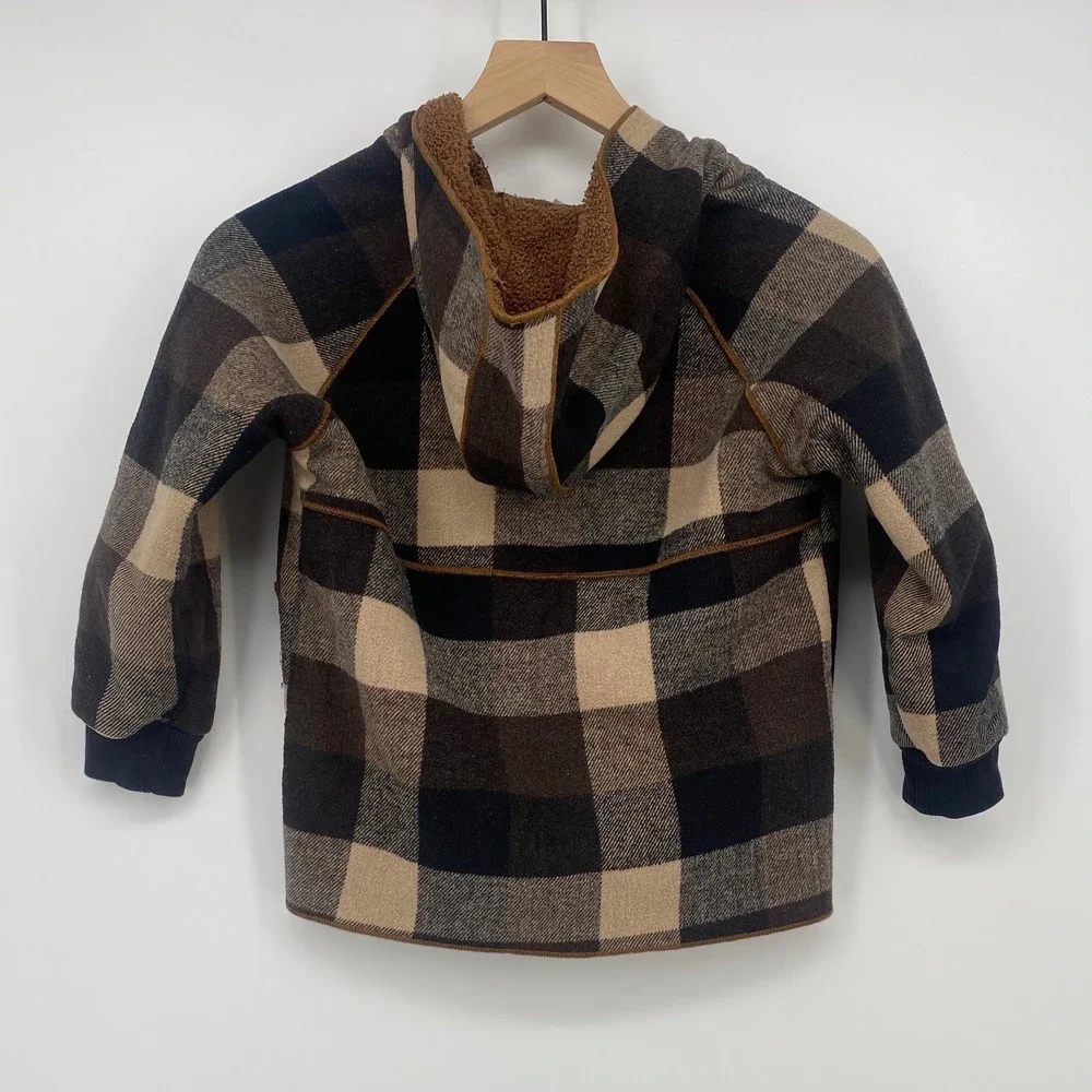 Plaid Sherpa Lined Hooded Jacket Kids Brown Buffalo Check Excellent